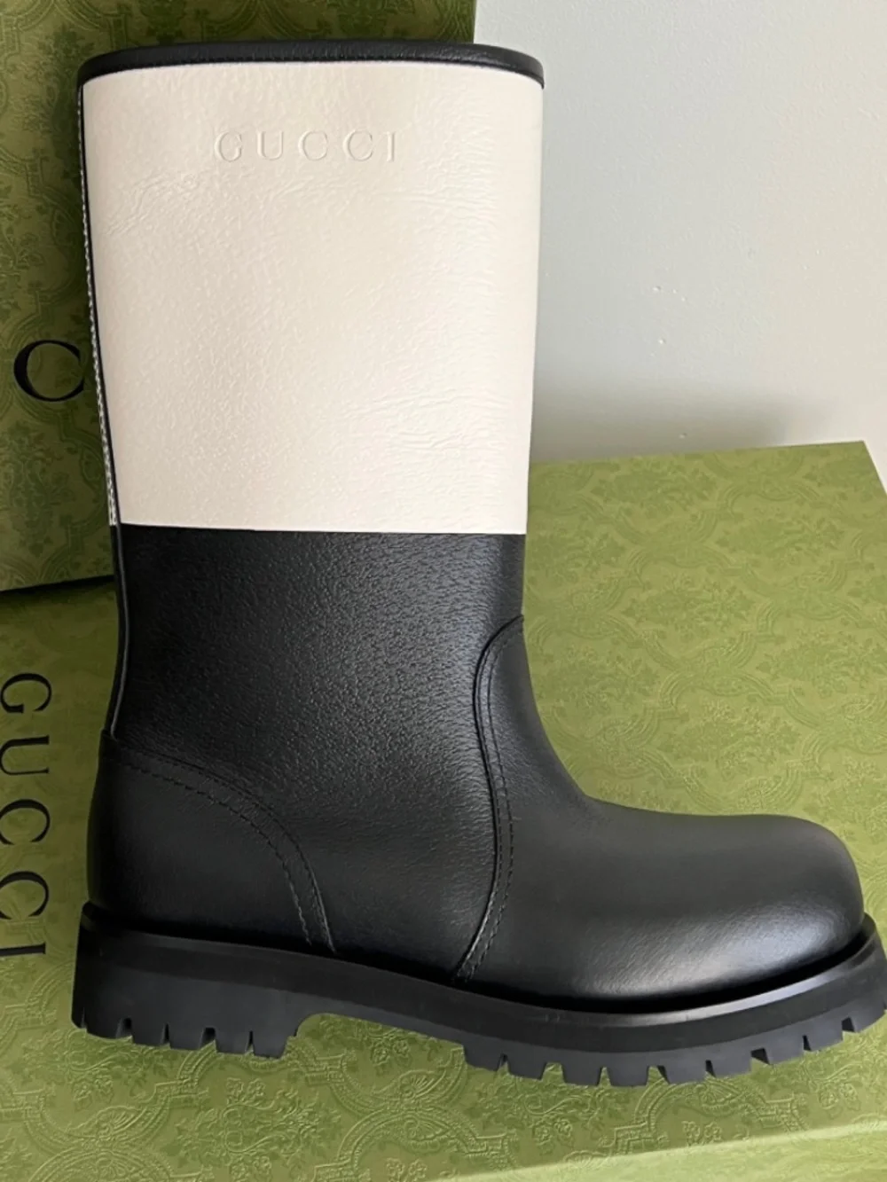 Gucci Men's Boots Rain Snow Biker Black White Leather High Size 9 US 9.5 EU43New